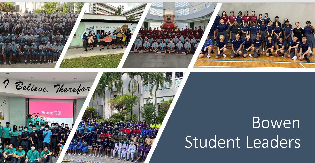 Collage of student group photos in school uniforms with text reading Bowen Student Leaders.